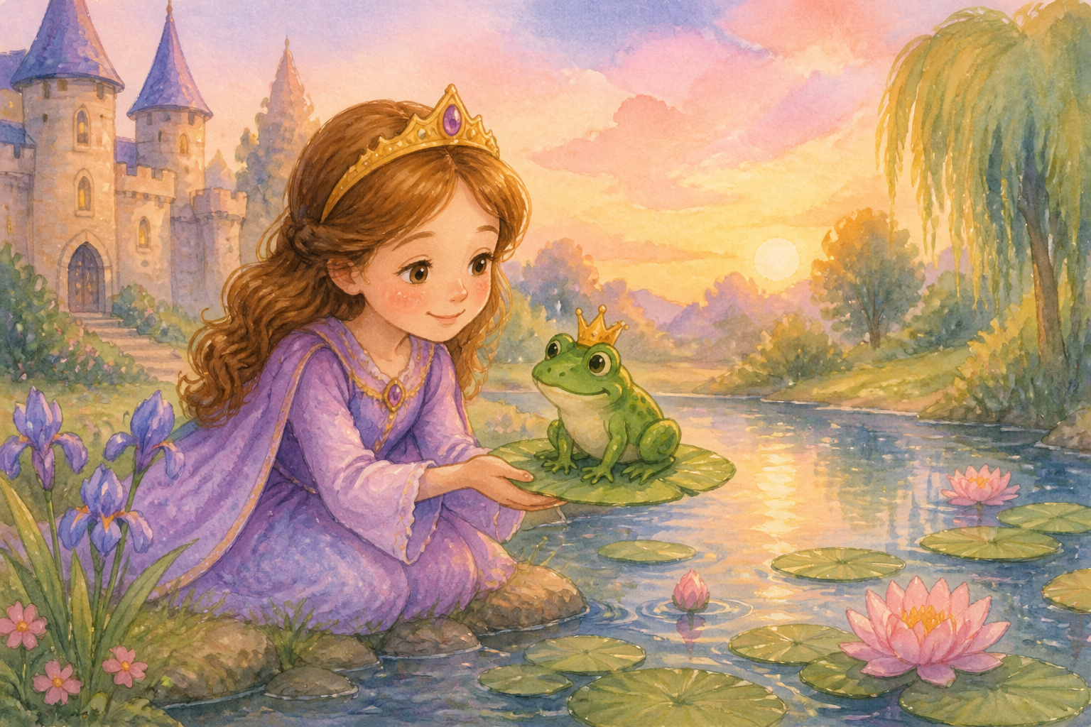A princess meets a friendly frog by the castle pond