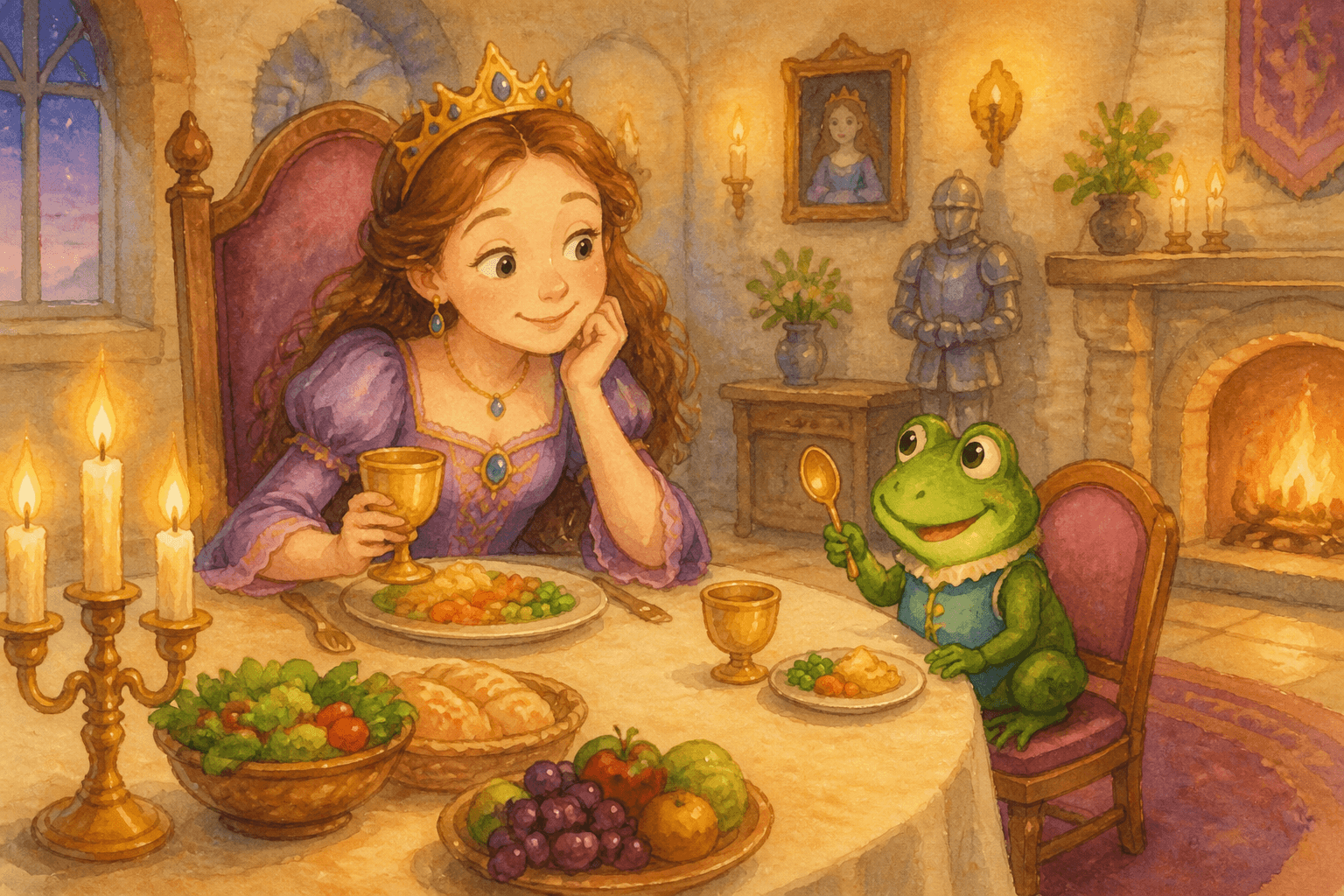 The princess shares supper with the polite frog