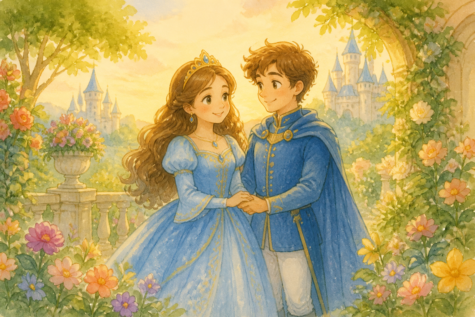 The princess and the freed prince walk in the sunny garden