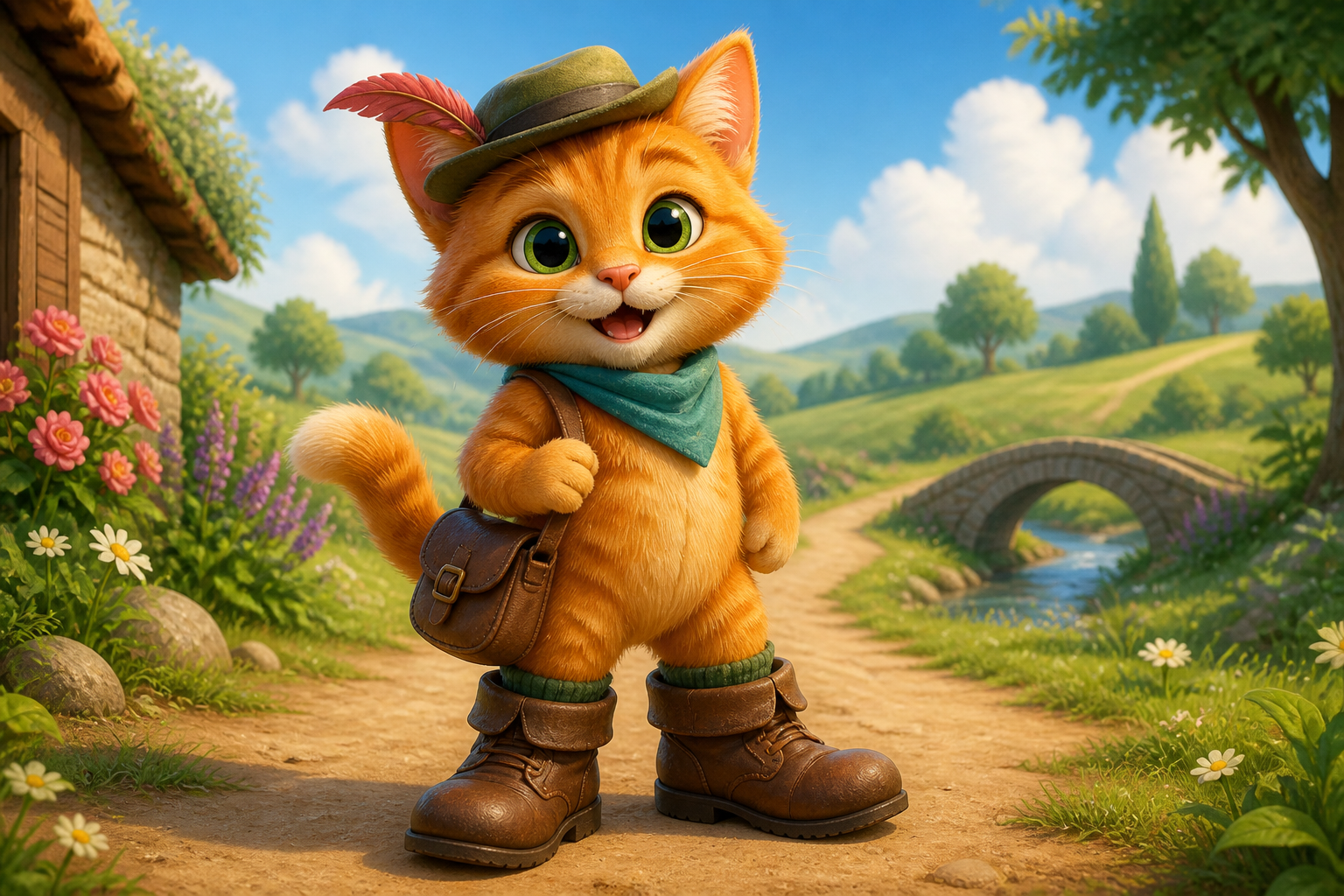 A clever orange cat in tall boots stands proudly on a sunny country road