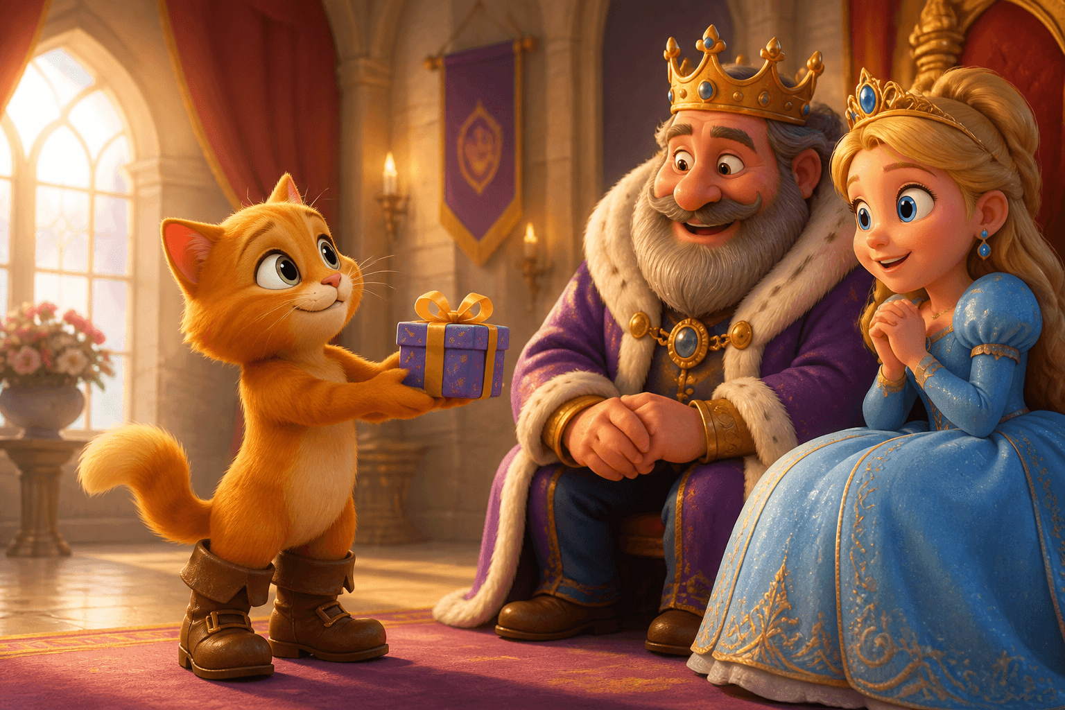 The cat in boots bows before the king and princess in the palace