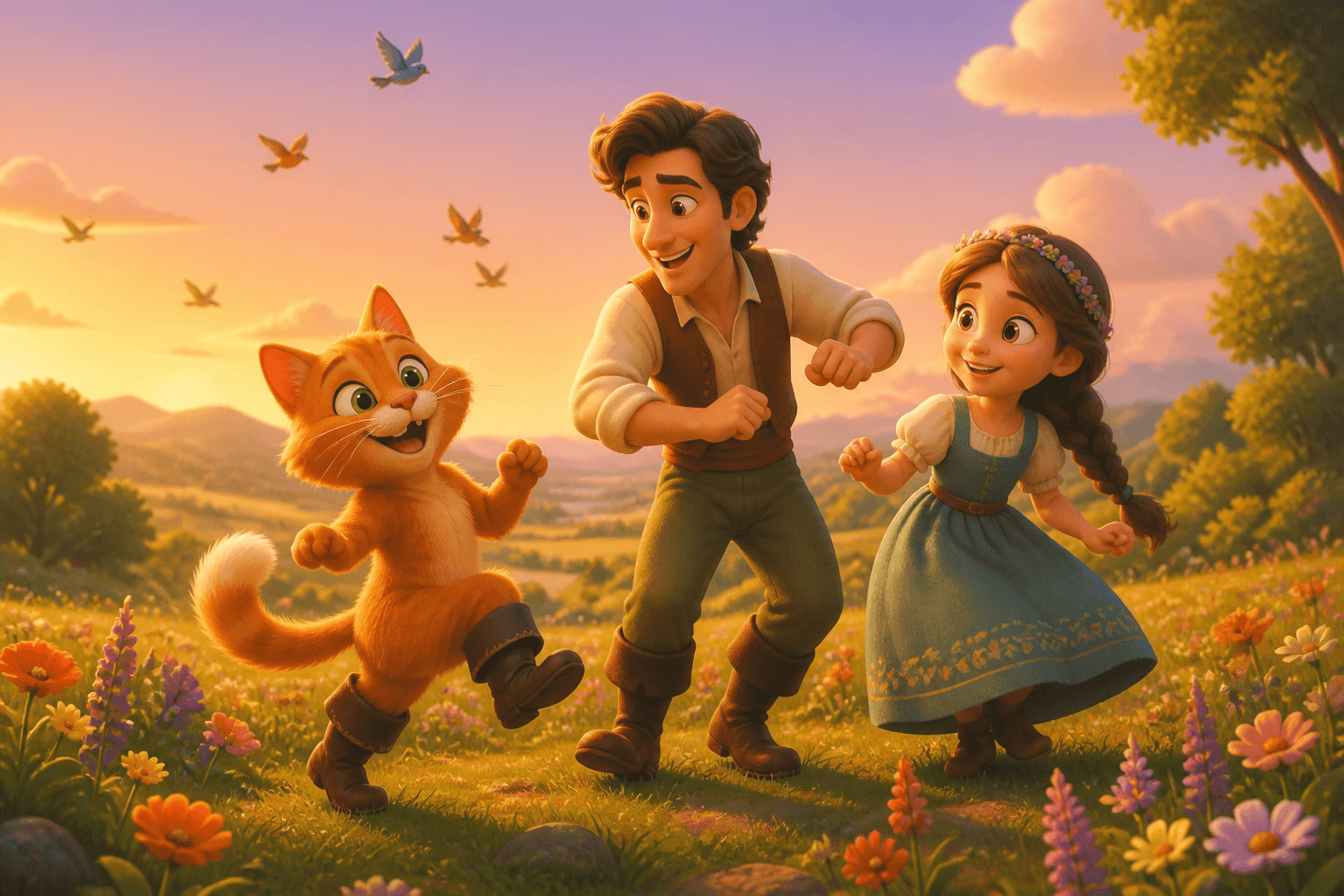 The cat in boots celebrates happily with friends in a flower meadow
