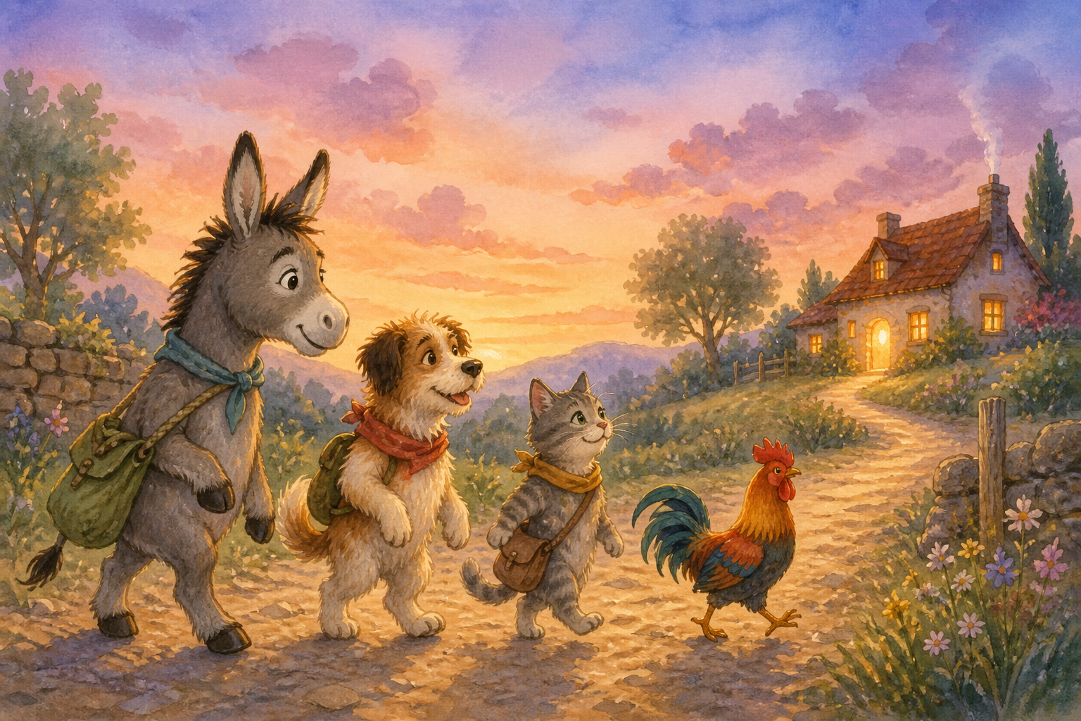 Four animal friends walk the road toward Bremen at dusk