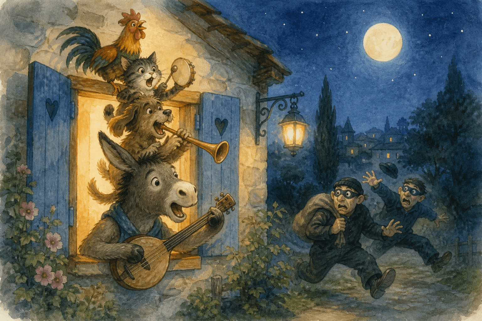 The animals stack up at a cottage window to make loud music