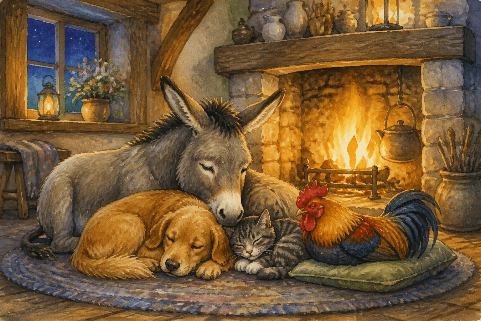 The four friends rest peacefully by the cottage fire
