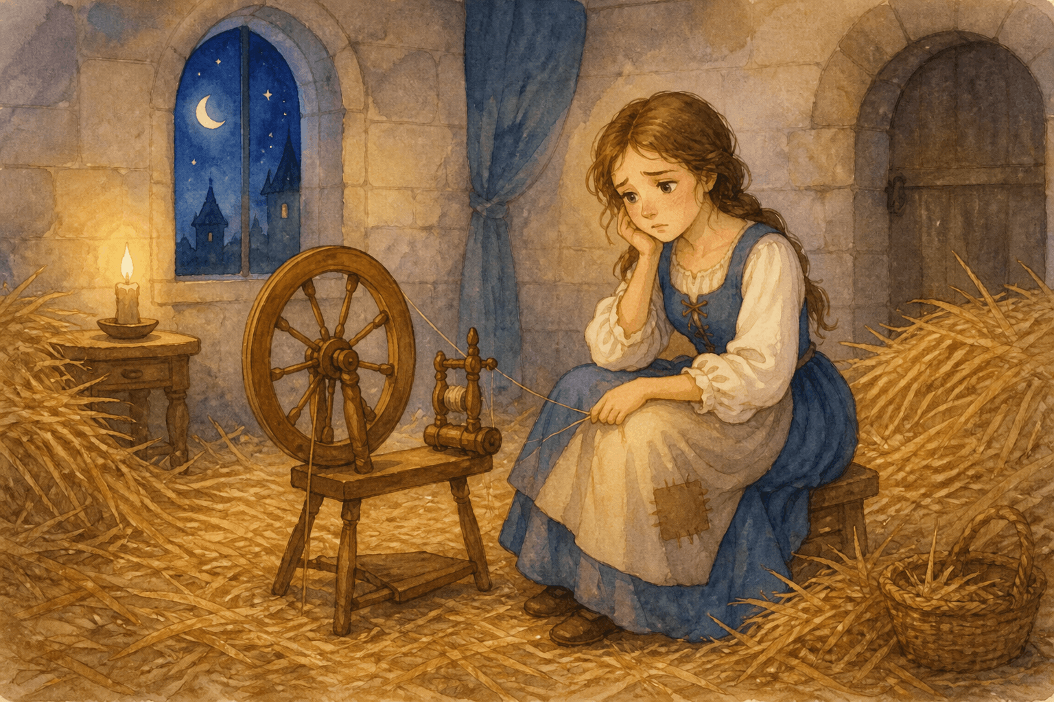 The miller’s daughter sits by a spinning wheel in a room of straw