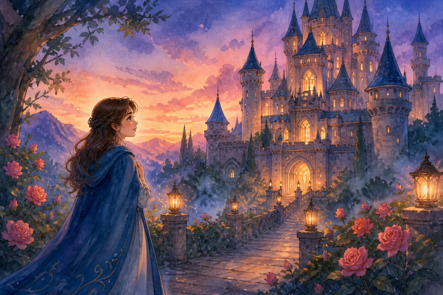 Beauty arrives at the enchanted castle among glowing roses at dusk