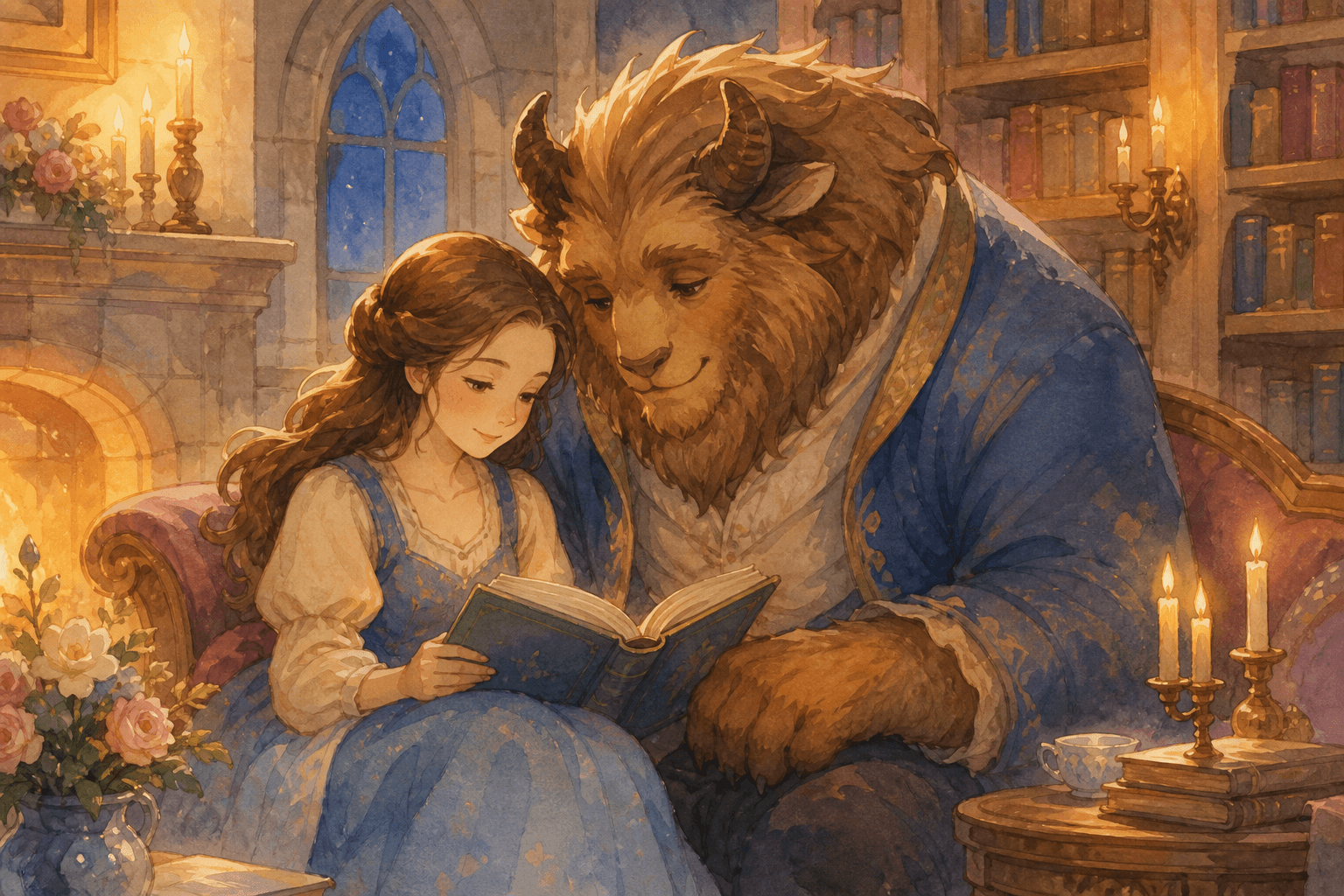 Beauty reading with the kind Beast in the castle library