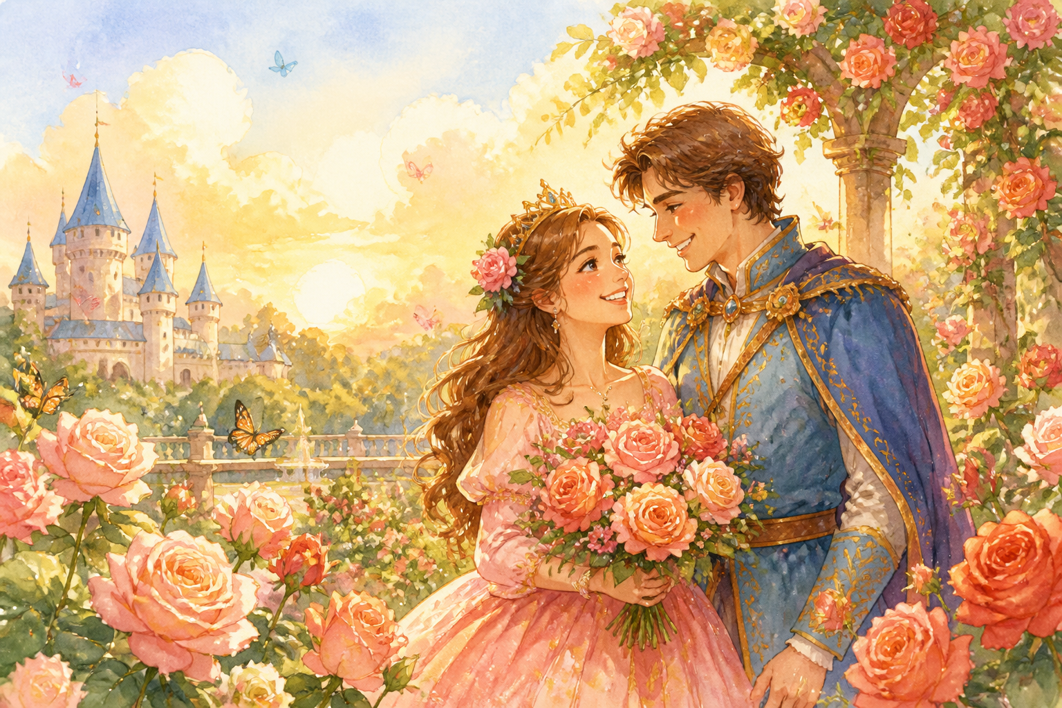 Beauty and the prince celebrate happily in the rose garden