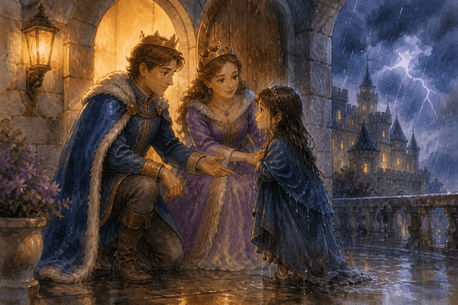 A rain-soaked princess arrives at the castle door on a stormy night