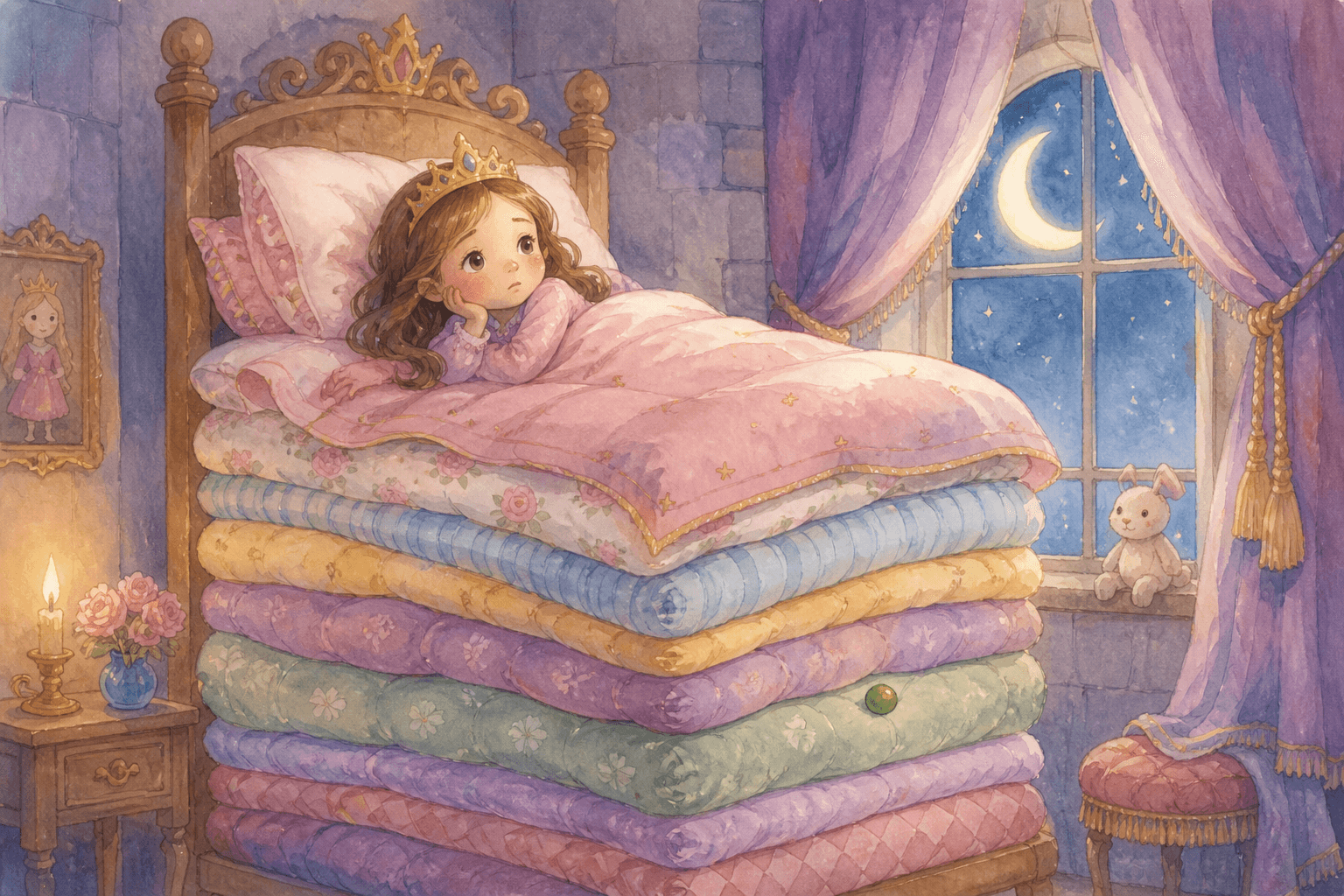 The princess lies awake on a tall stack of mattresses