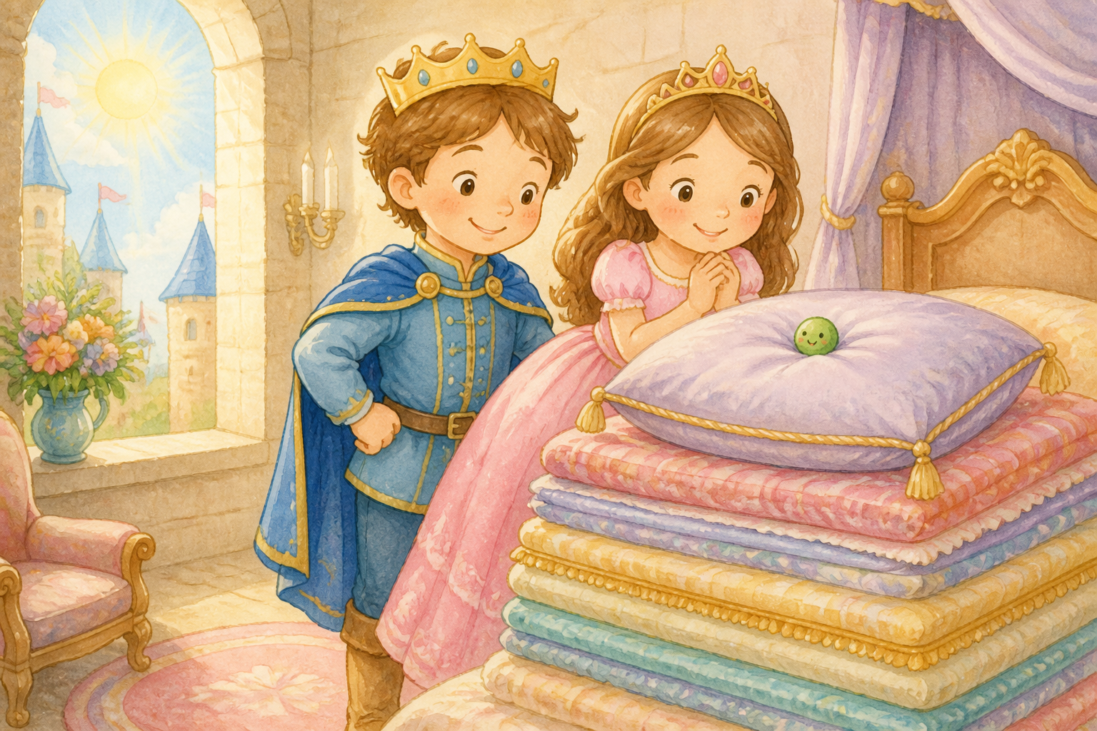 The prince and princess smile beside the tiny pea in the morning