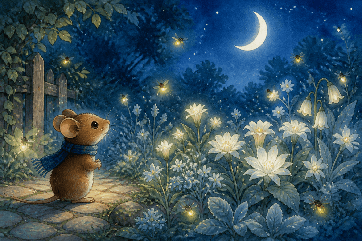 Nora the mouse discovers the glowing Night Garden under the moon
