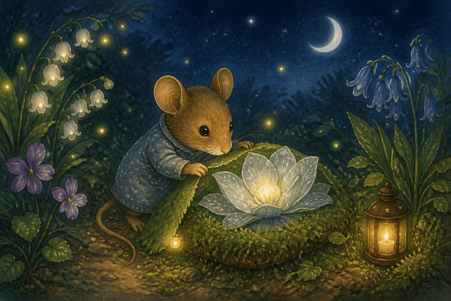 Nora gently tucks a glowing night flower into soft moss