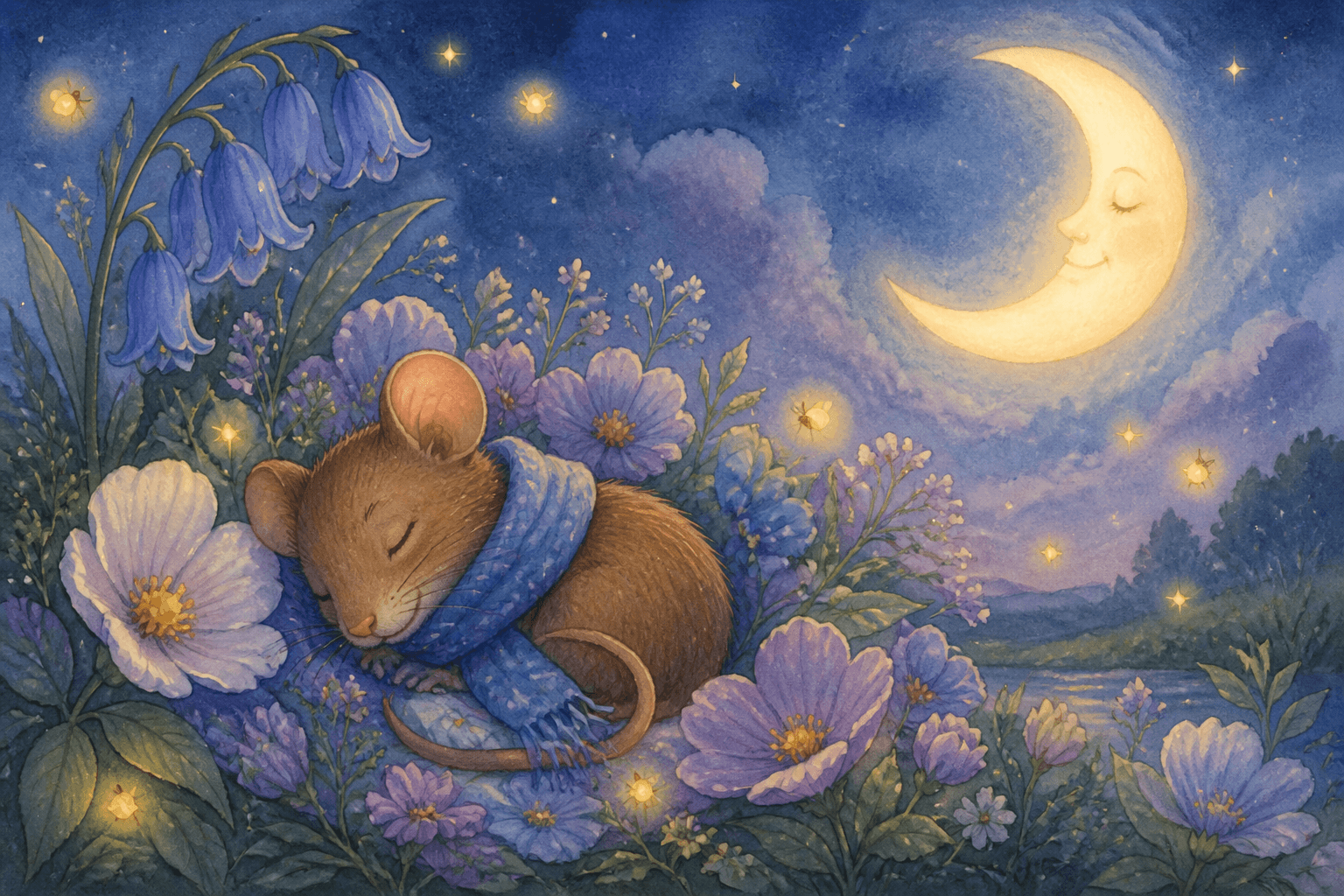 Nora sleeps peacefully among night flowers under the moon