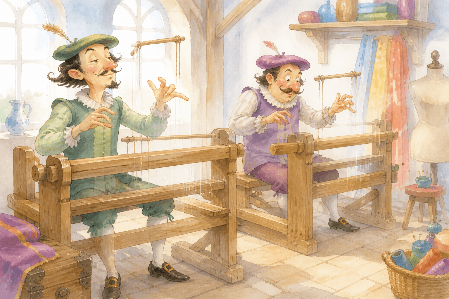Two tricksters pretend to weave invisible cloth