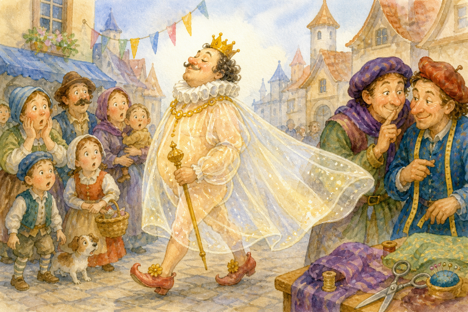 The emperor walks in a parade while townsfolk watch