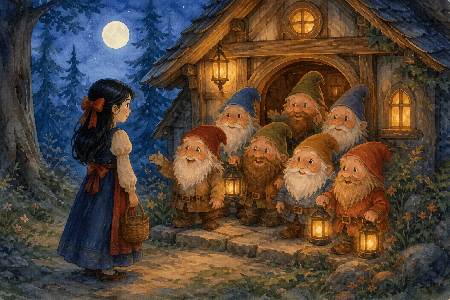 Snow White welcomed at the dwarfs’ cottage in the moonlit forest