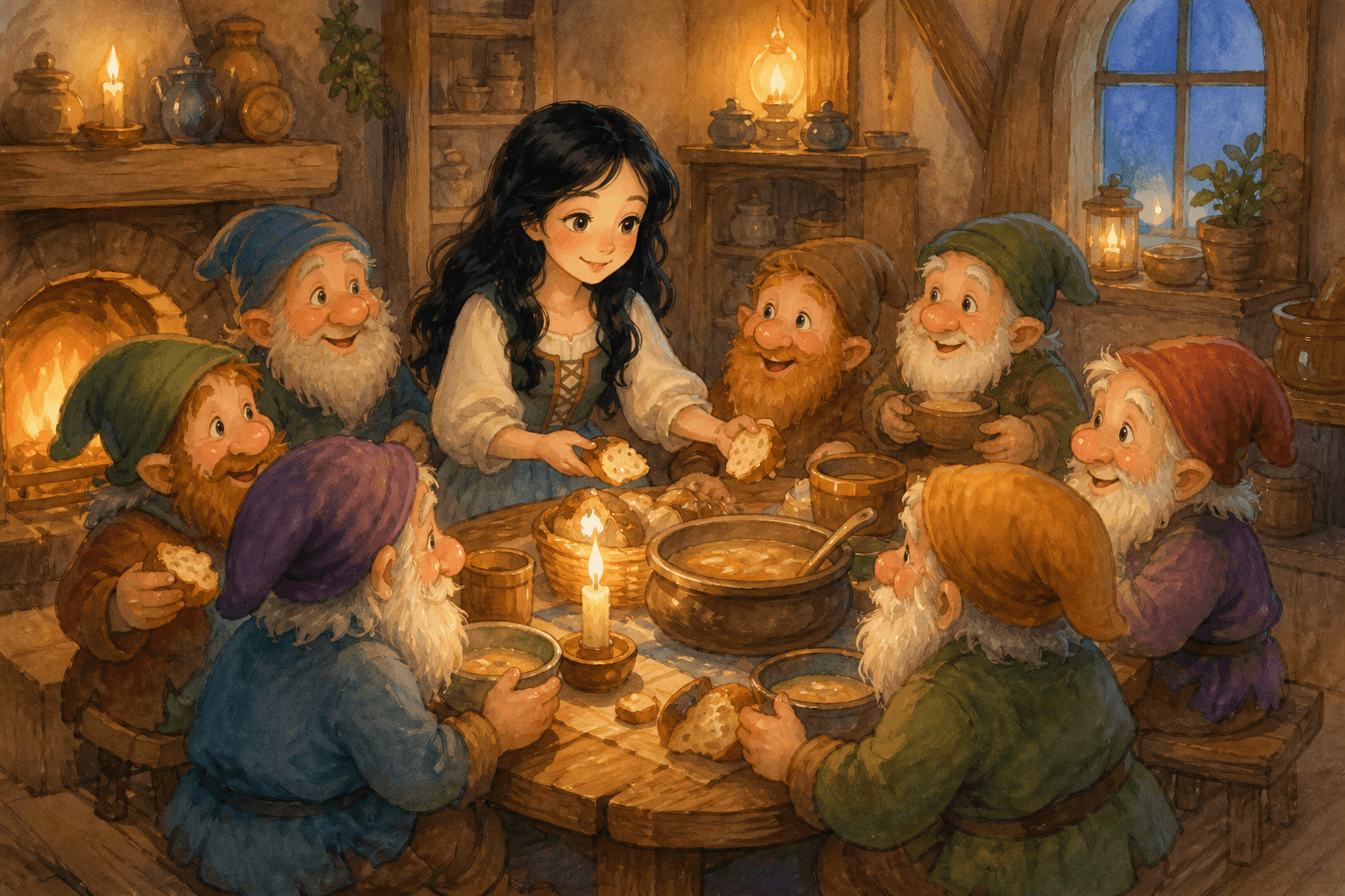 Snow White sharing a cozy meal with the seven dwarfs