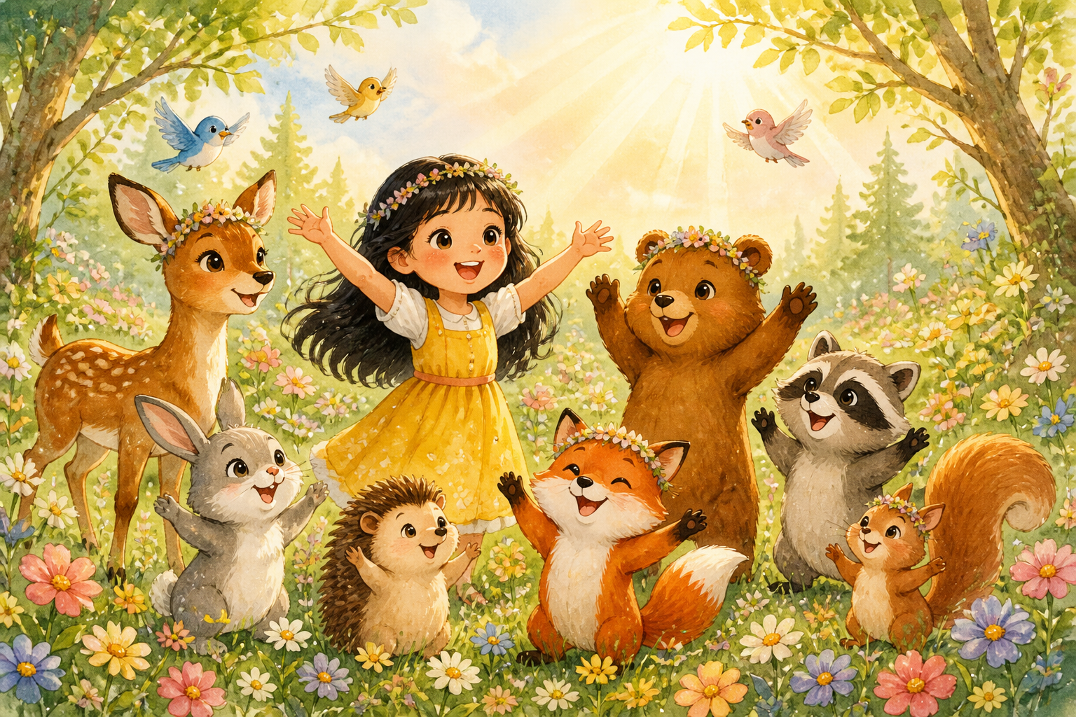 Snow White celebrating happily with the seven dwarfs in a sunny meadow